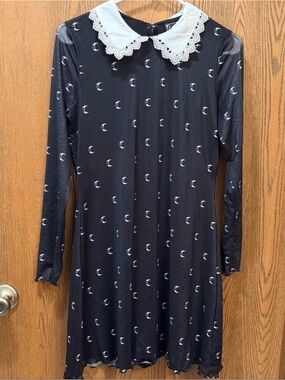 Killstar Black Moon-Print Dress with White Lace Collar Mesh long sleeve